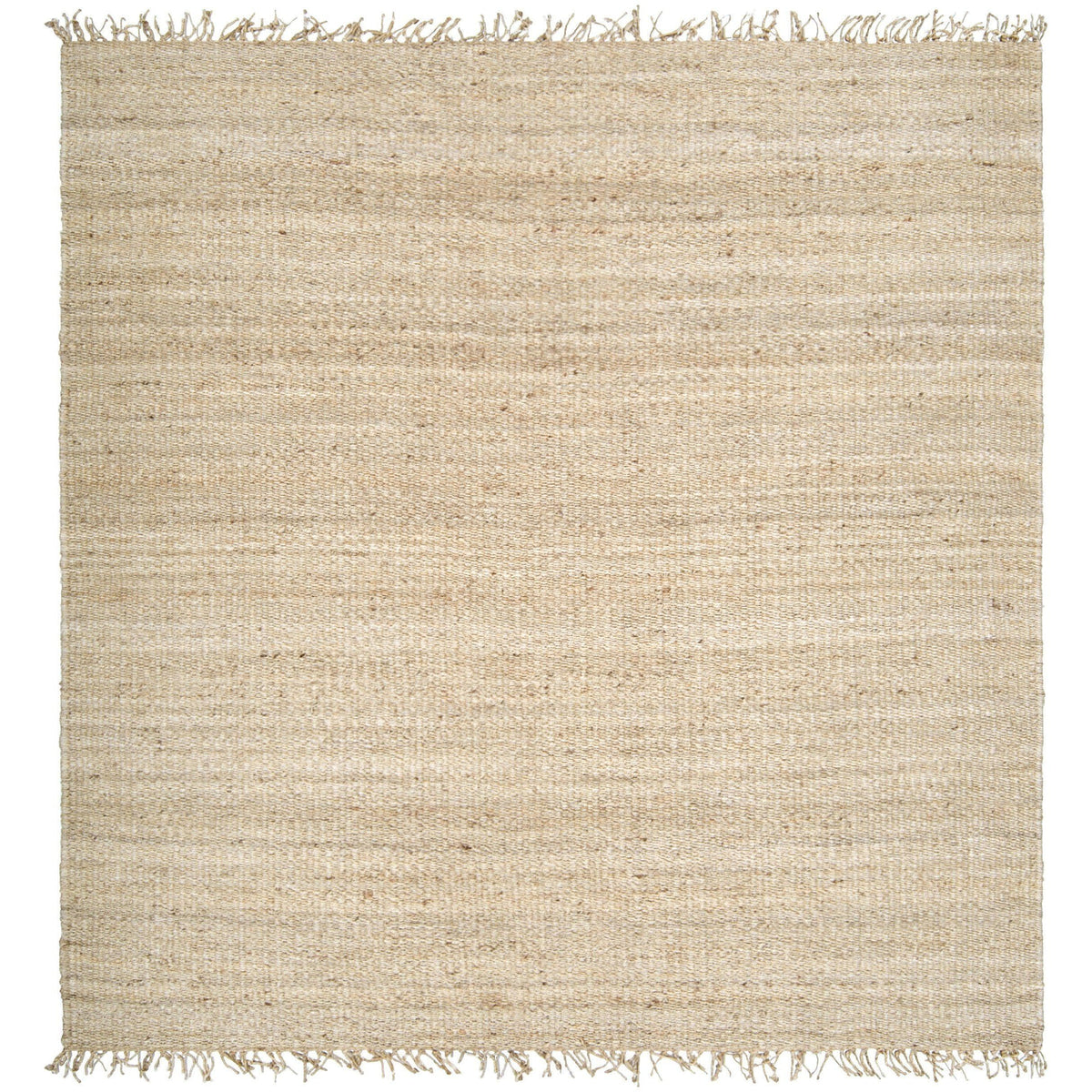 Beige hand-woven jute rug with a natural, no-pile texture and fringed edges.