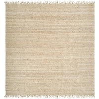 Beige hand-woven jute rug with a natural, no-pile texture and fringed edges.