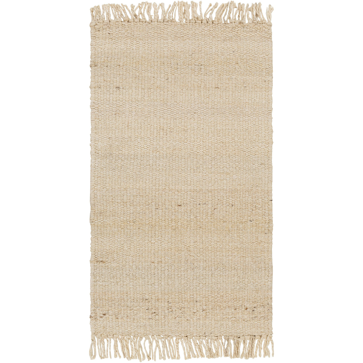 Beige hand-woven jute rug with a bleached, natural texture and fringed ends.