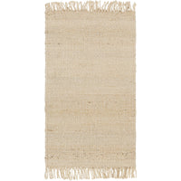 Beige hand-woven jute rug with a bleached, natural texture and fringed ends.