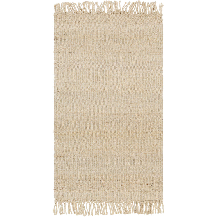 Beige hand-woven jute rug with a bleached, natural texture and fringed ends.
