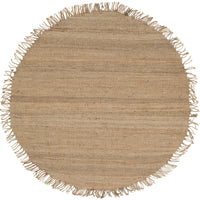 Round natural beige hand-woven jute rug with a fringed edge.