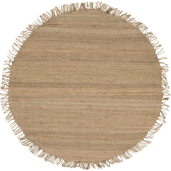 Round natural beige hand-woven jute rug with a fringed edge.