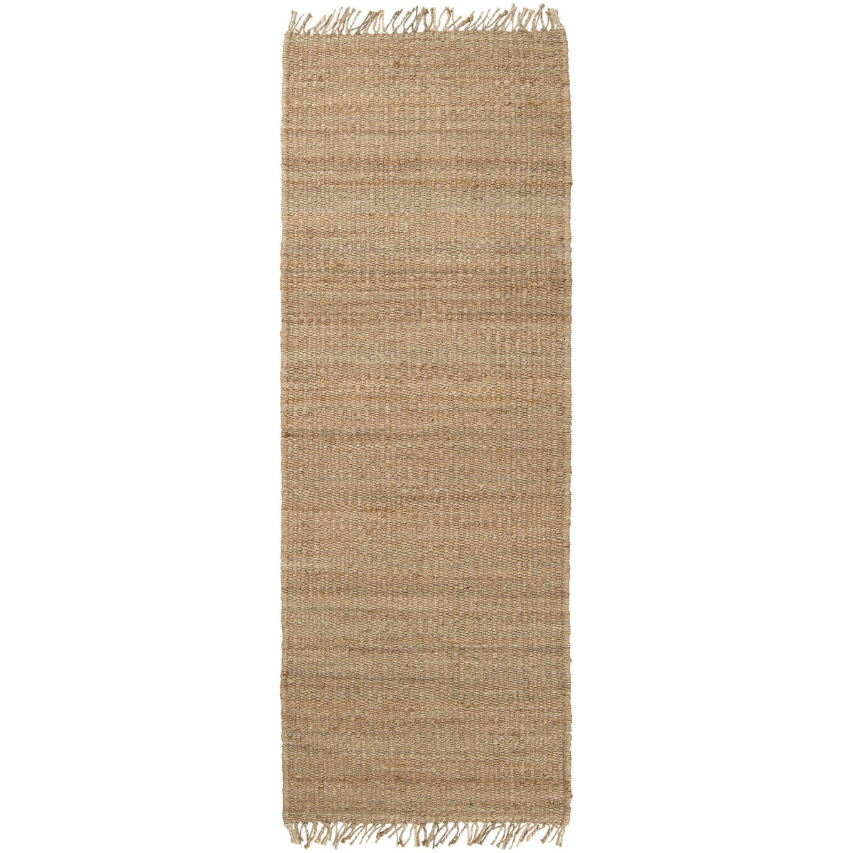 Hand-woven natural beige jute rug with fringed ends, showcasing its durable, no-pile texture.