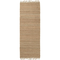 Hand-woven natural beige jute rug with fringed ends, showcasing its durable, no-pile texture.