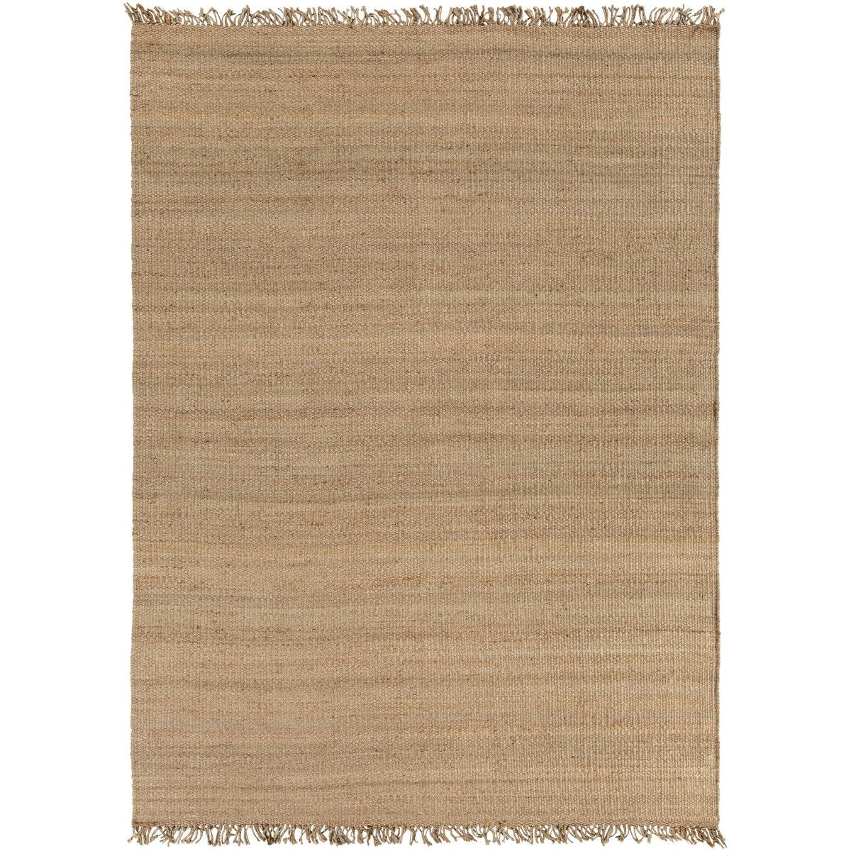 Hand-woven natural beige jute rug with fringed ends, showcasing its durable, no-pile texture.