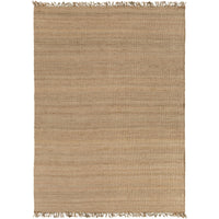Hand-woven natural beige jute rug with fringed ends, showcasing its durable, no-pile texture.