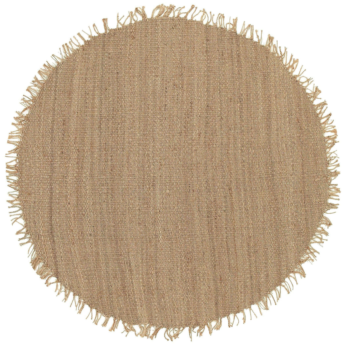 Round natural beige hand-woven jute rug with fringed edges.