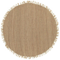 Round natural beige hand-woven jute rug with fringed edges.