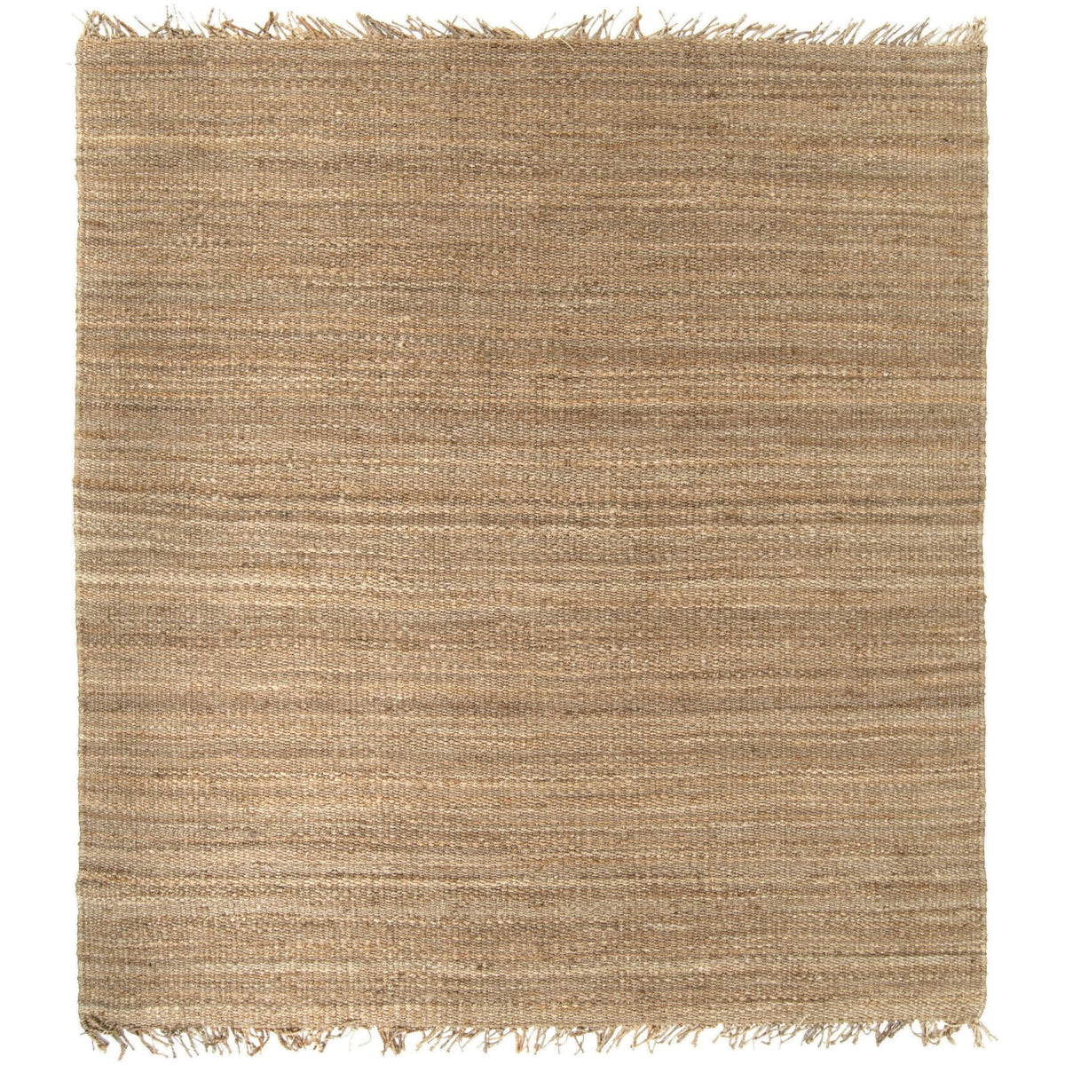 Hand-woven natural beige jute rug with a textured, no-pile surface and fringed edges.