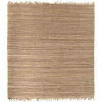 Hand-woven natural beige jute rug with a textured, no-pile surface and fringed edges.