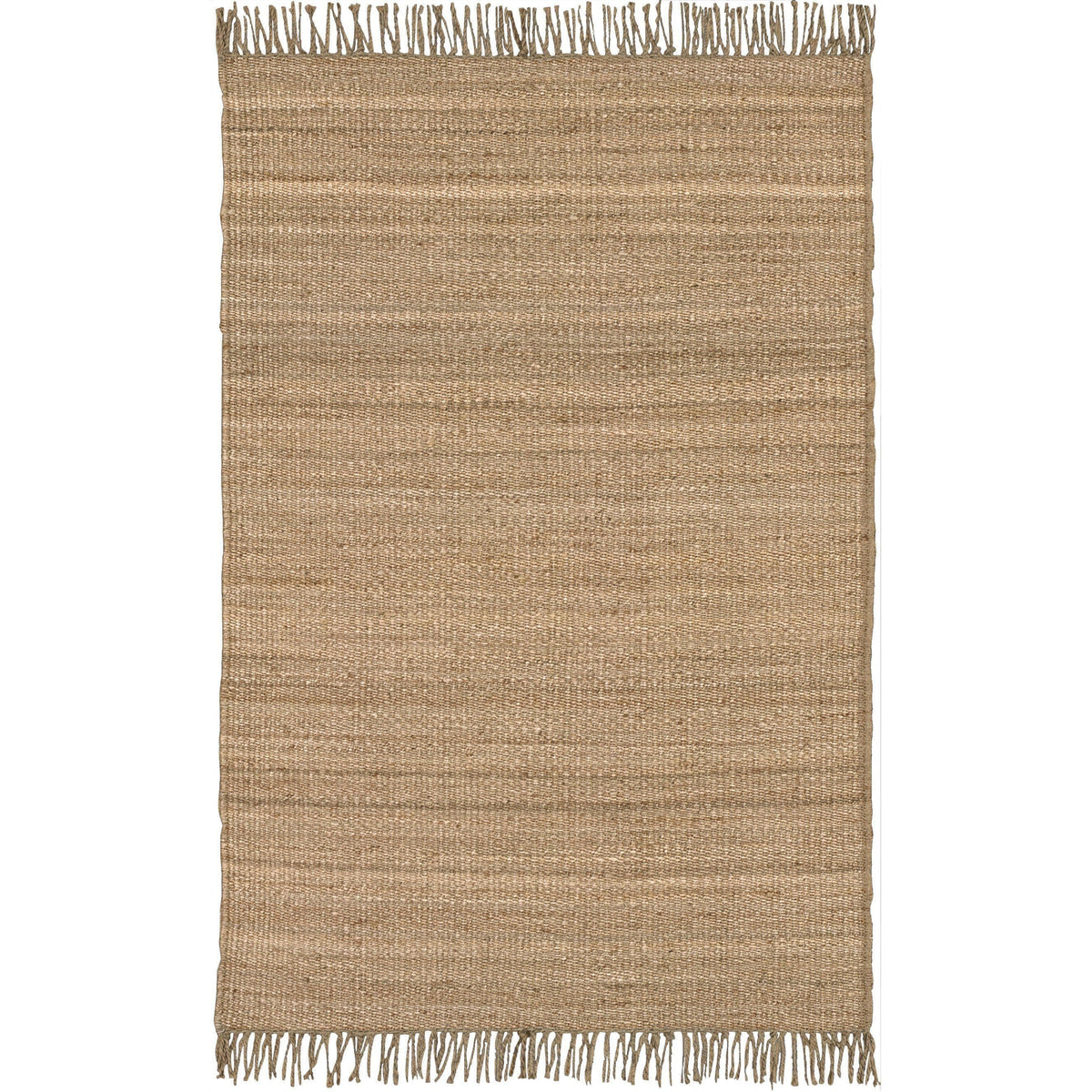 Hand-woven Jute Natural Beige Rug with fringe, showcasing its durable, no-pile texture.