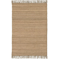 Hand-woven Jute Natural Beige Rug with fringe, showcasing its durable, no-pile texture.
