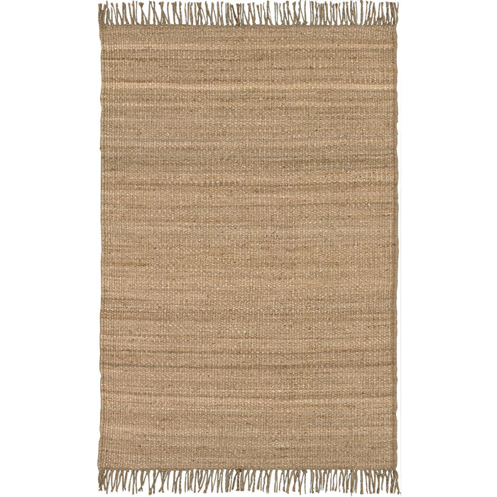 Hand-woven Jute Natural Beige Rug with fringe, showcasing its durable, no-pile texture.