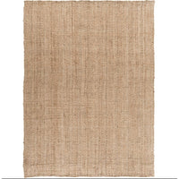 Tan hand-woven jute rug with a natural, textured weave.