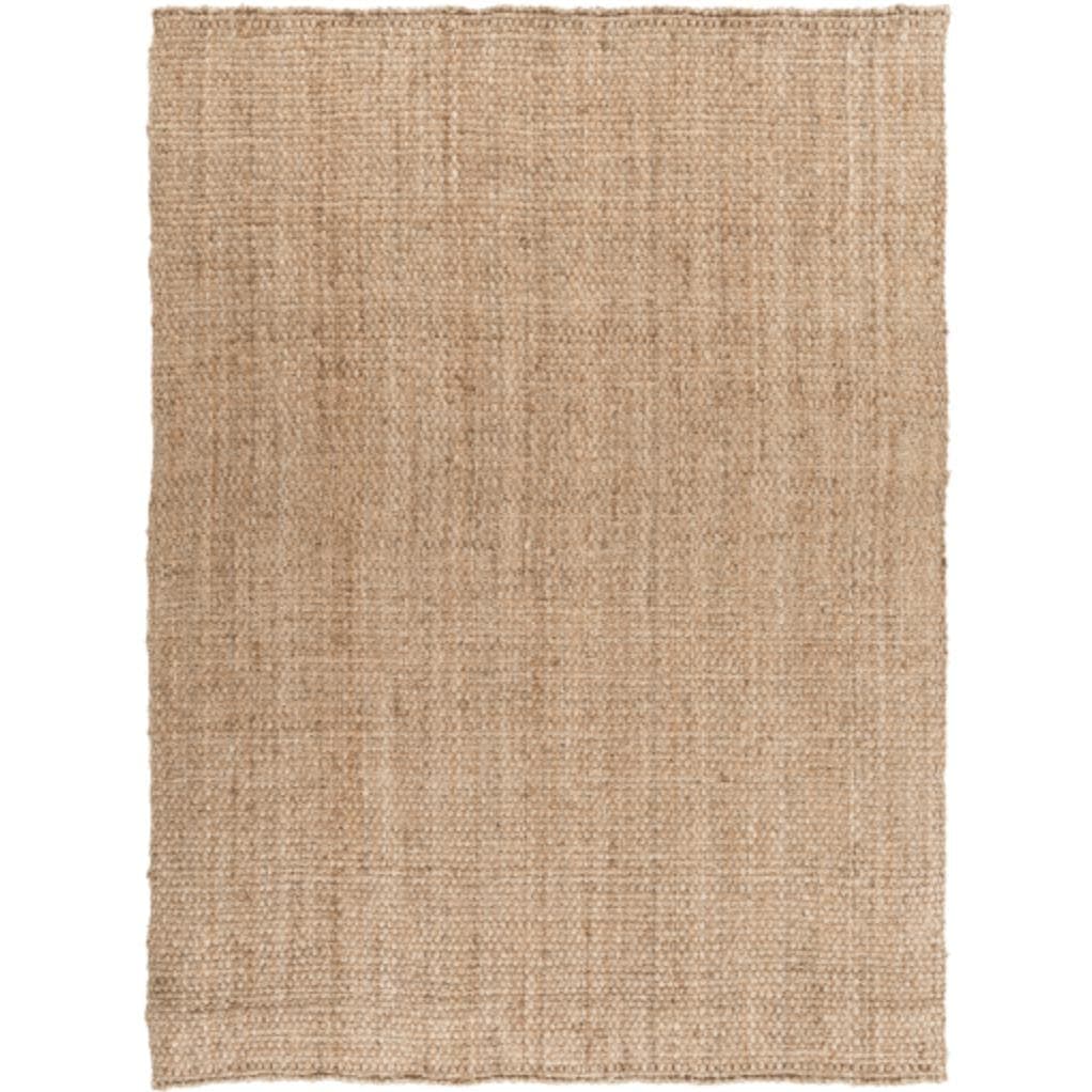 Tan hand-woven jute rug with a natural, textured weave and no pile.