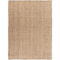 Tan hand-woven jute rug with a natural, textured weave and no pile.