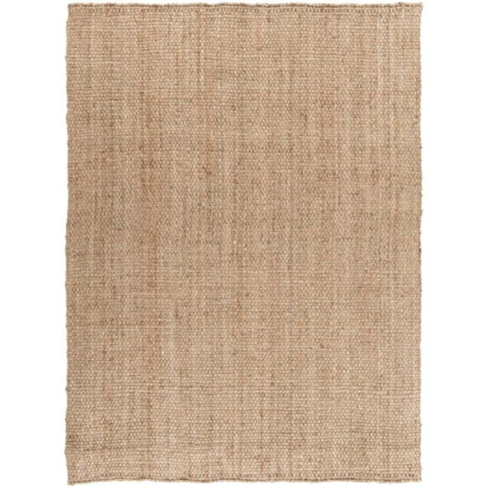 Tan hand-woven jute rug with a natural, textured weave and no pile.