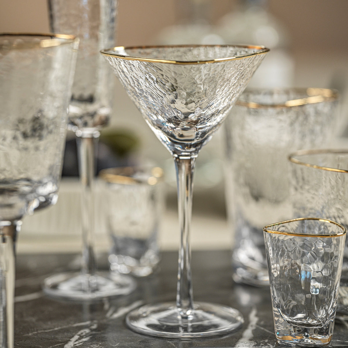 Kamarone Triangular Martini Glasses with Gold Rim, Set of 4 - Glass Stem Detail | Bone & Brass