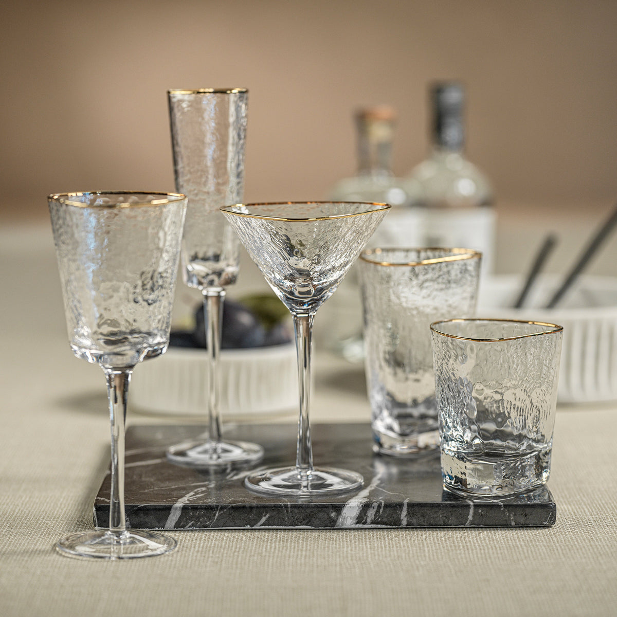 Kamarone Triangular Wine Glasses Gold Rim, Set of 4 - Glass Stem Detail | Bone & Brass