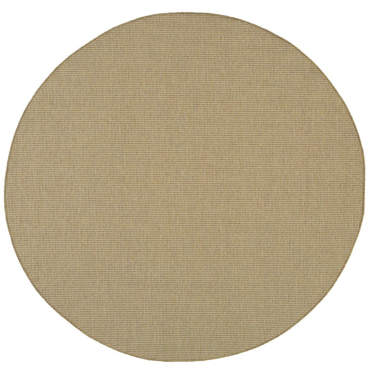 Round Karavia Sand outdoor rug, machine-woven polypropylene with a natural seagrass look.