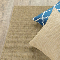 Karavia Tan polypropylene outdoor rug with natural seagrass look, styled with blue and tan pillows on a wood floor.