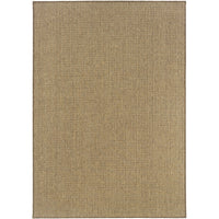 Karavia Tan outdoor rug, machine-woven polypropylene with a natural seagrass look.