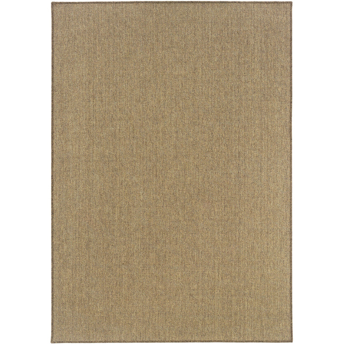 Karavia Tan outdoor rug, machine-woven polypropylene with a natural seagrass look.
