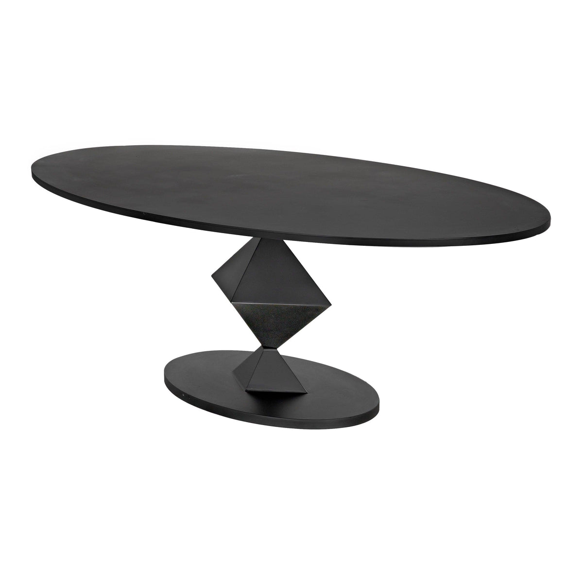 Katana oval dining table with matte black industrial steel finish and geometric origami-inspired base.
