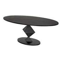 Katana oval dining table with matte black industrial steel finish and geometric origami-inspired base.