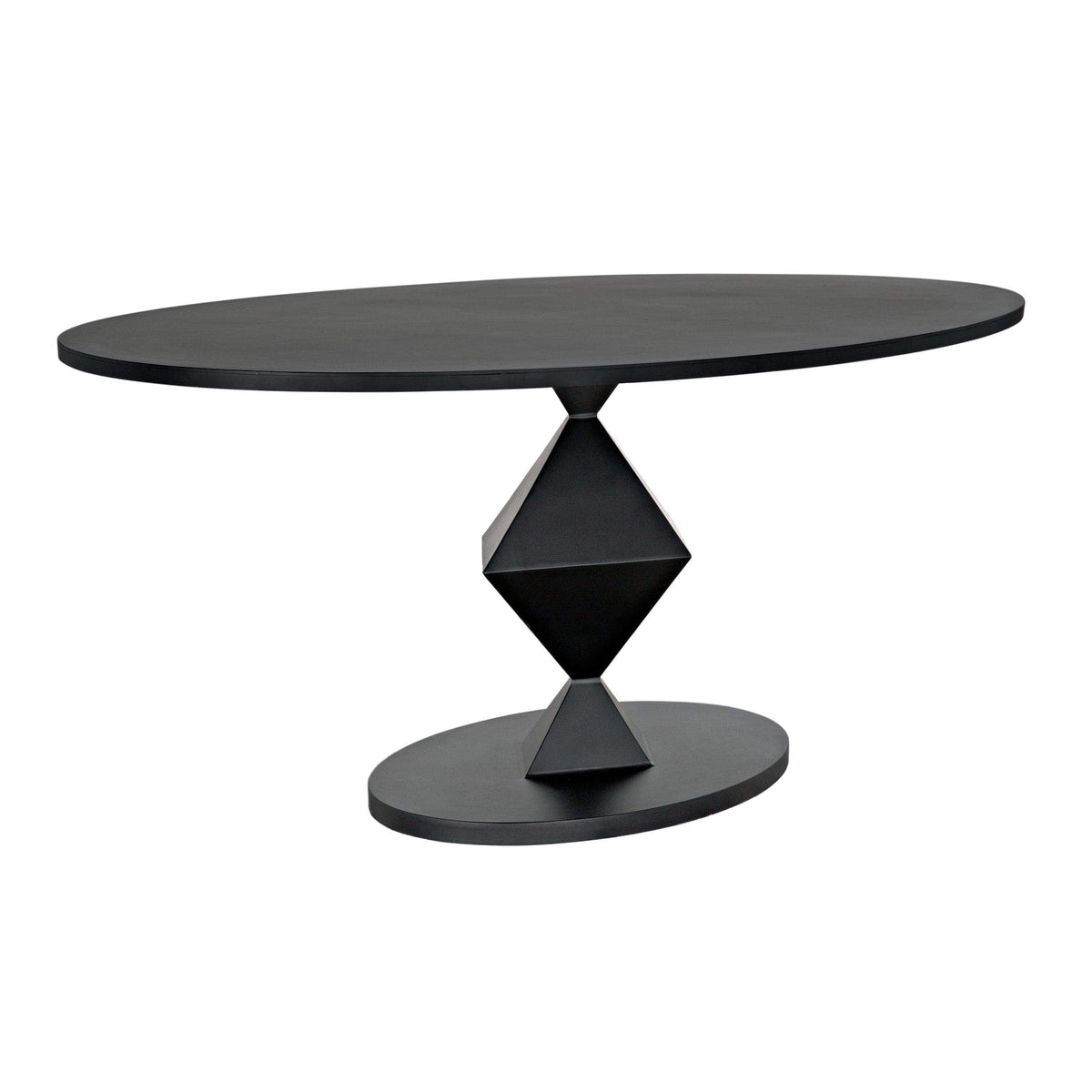 Katana oval dining table with matte black industrial steel finish and geometric origami-inspired base.