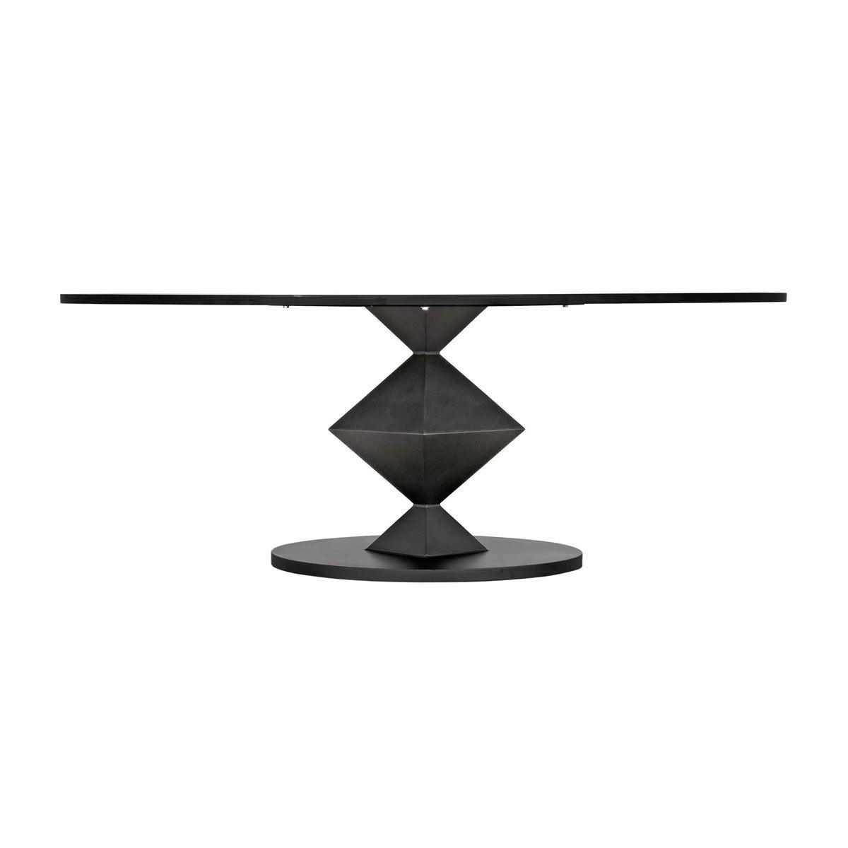 Katana Oval Dining Table with matte black industrial steel base, geometric origami-inspired design.