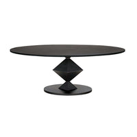 Katana oval dining table with a matte black industrial steel finish and geometric origami-inspired base.