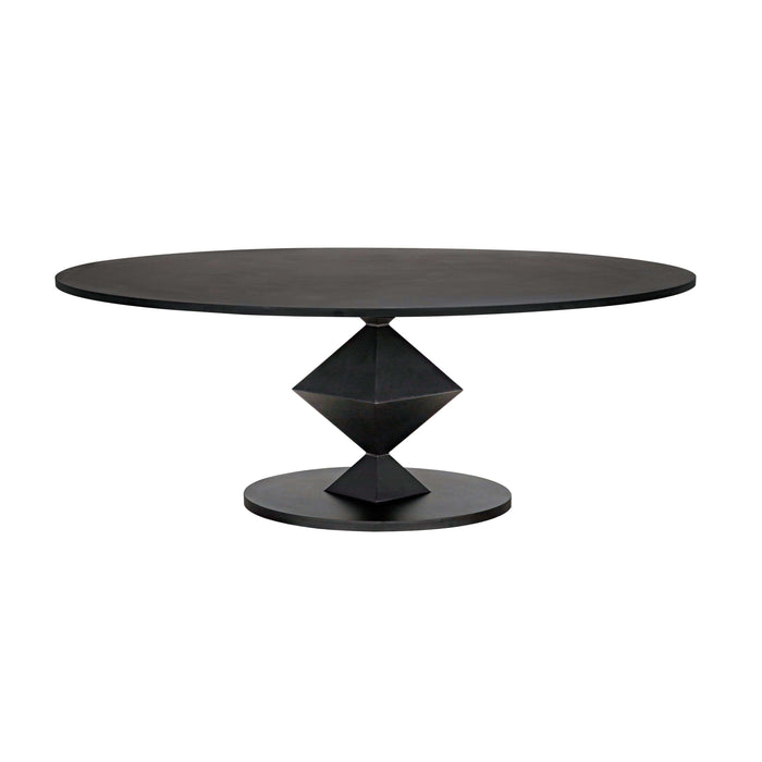 Katana oval dining table with a matte black industrial steel finish and geometric origami-inspired base.