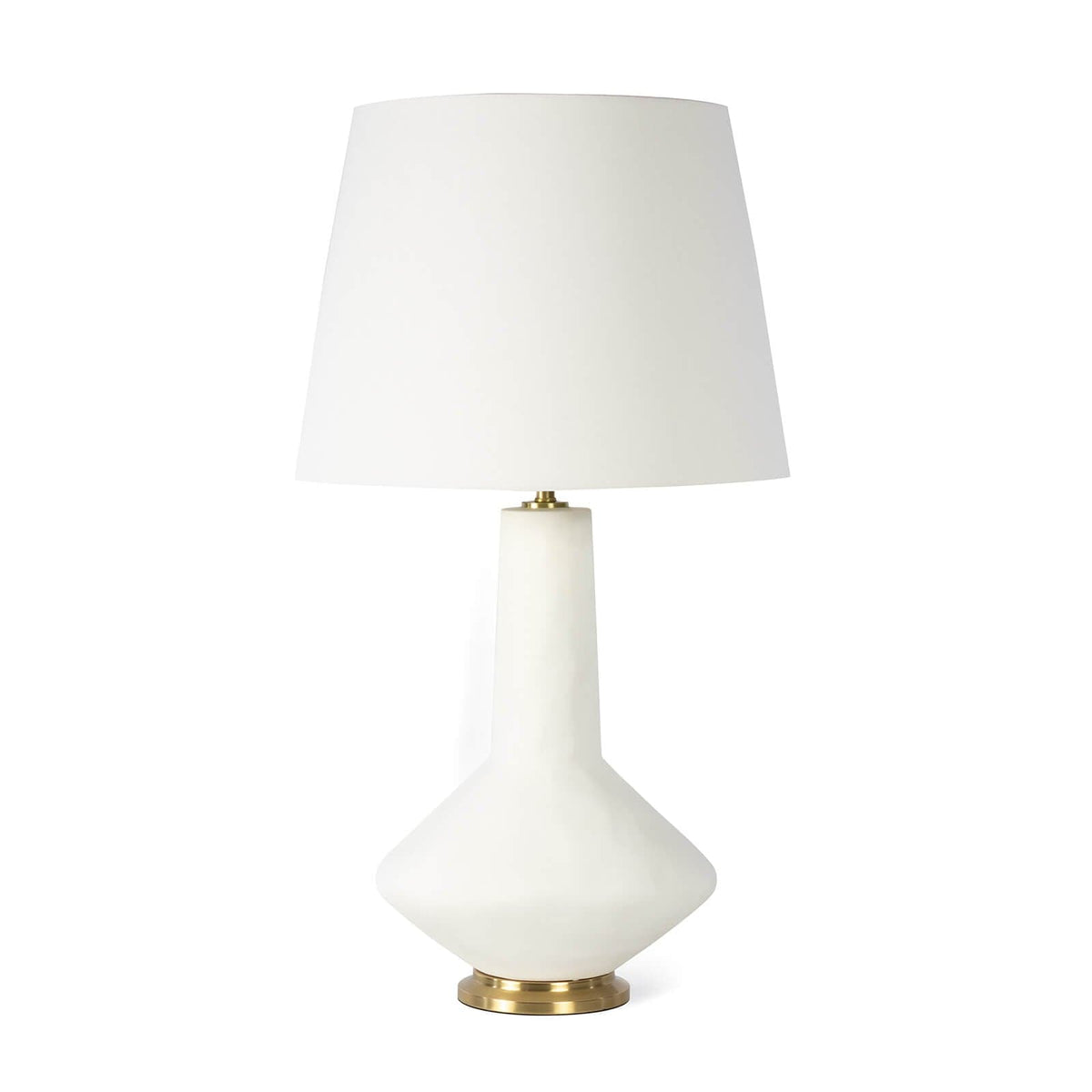 Kayla ceramic table lamp with a matte white body, natural brass base, and crisp natural linen shade.