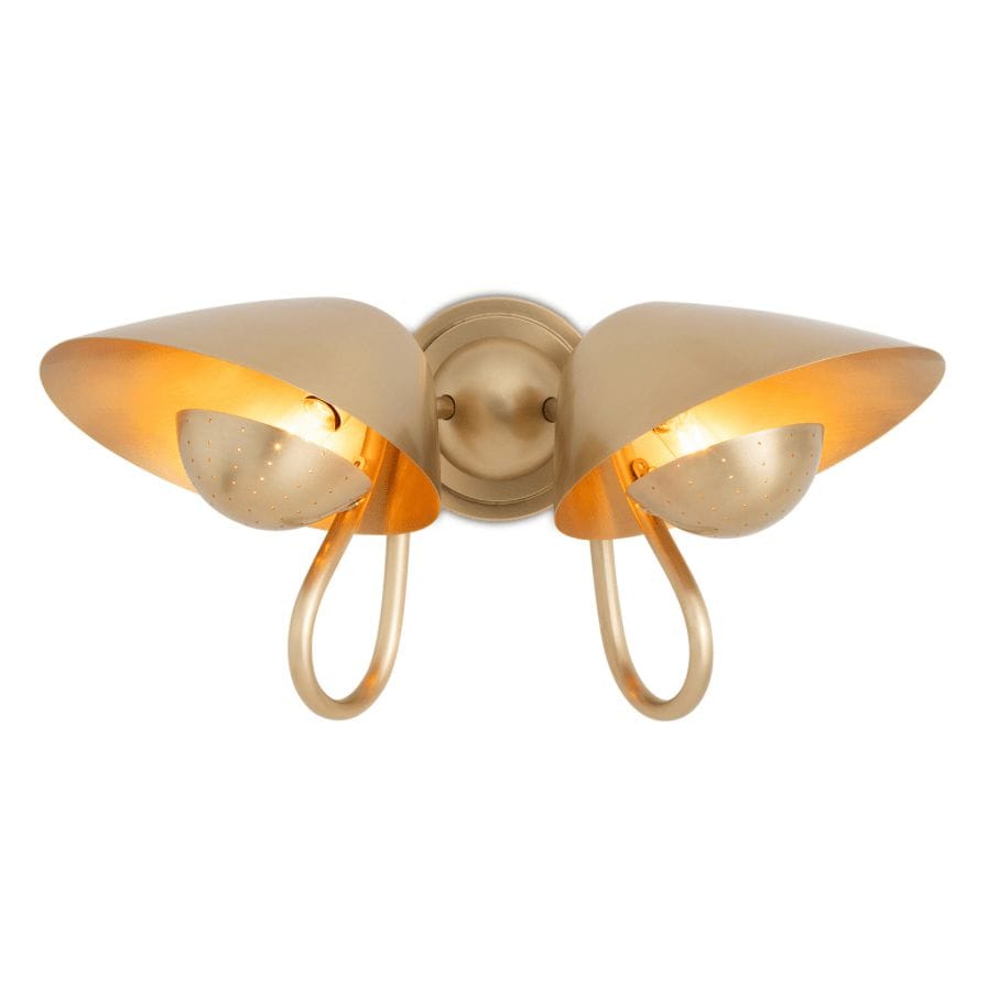 Keaton Double Sconce: retro gold metal wall light with two perforated diffusers and curved arms.