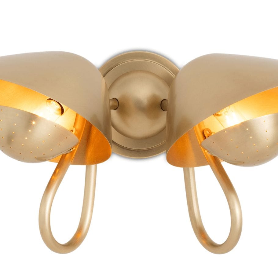 Keaton Double Sconce: Retro gold metal sconce with two perforated diffusers and exposed bulbs.