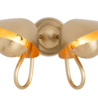 Keaton Double Sconce: Retro gold metal sconce with two perforated diffusers and exposed bulbs.