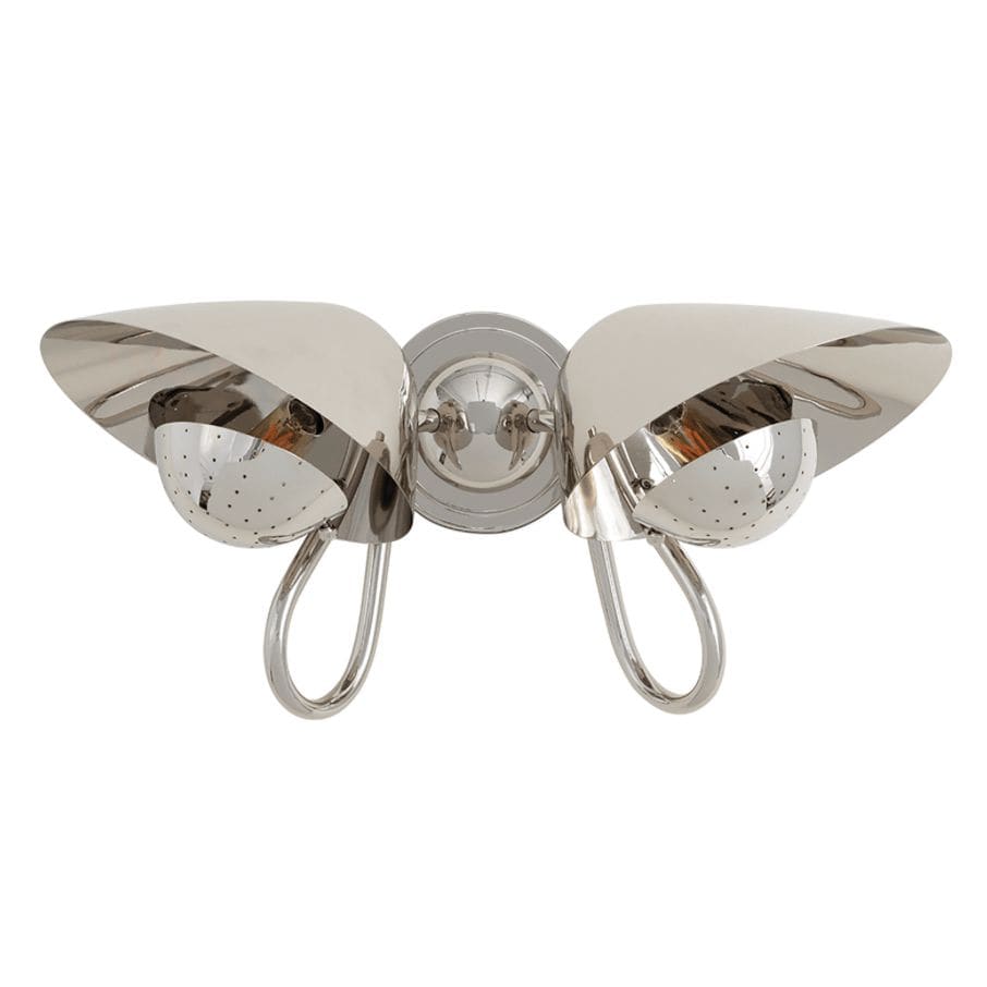 Keaton Double Sconce: Polished nickel wall light with two perforated metal diffusers and curved arms.