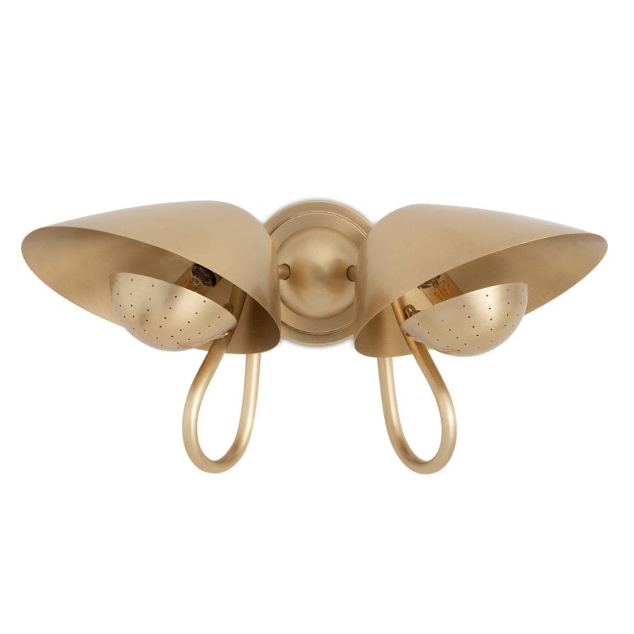 Keaton Double Sconce: retro brass wall light with two perforated metal diffusers and curved arms.