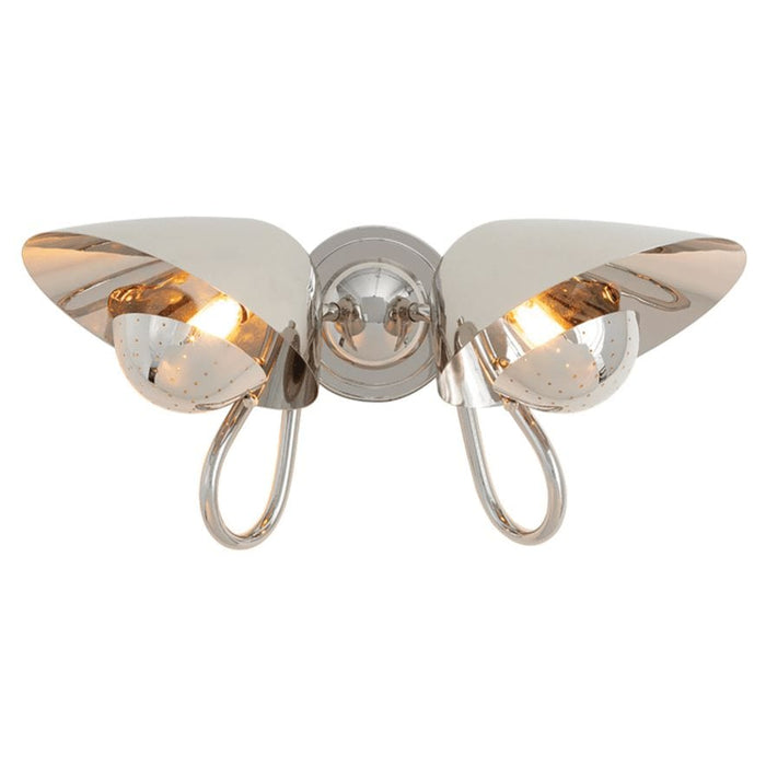 Keaton Double Sconce: retro-style, polished nickel wall light with two perforated metal diffusers and curved arms.