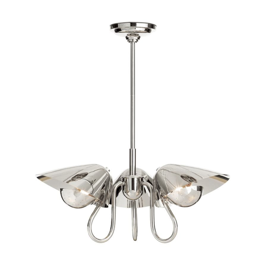 Keaton Pendant Light: Polished chrome, retro-style fixture with three perforated metal diffusers and curved arms.