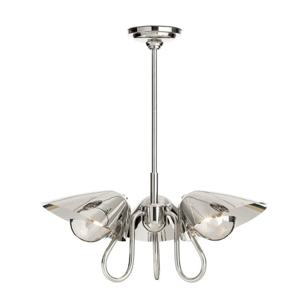 Keaton Pendant Light: Polished chrome, retro-style fixture with three perforated metal diffusers and curved arms.