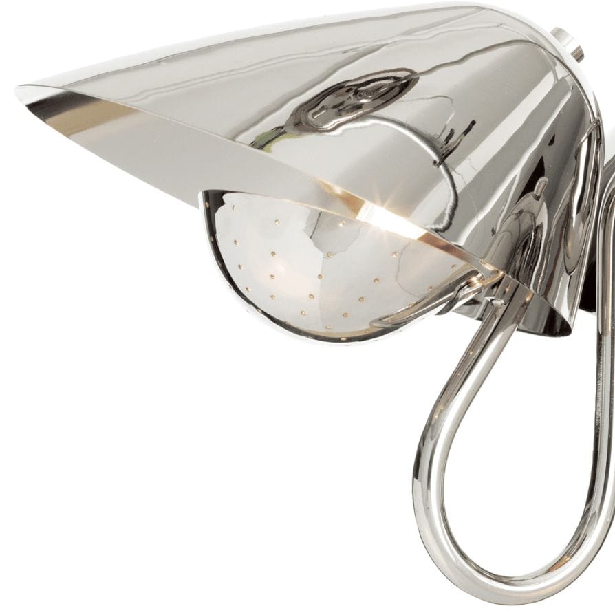 Keaton pendant light: polished chrome, retro-style, perforated metal diffuser, soft illumination.