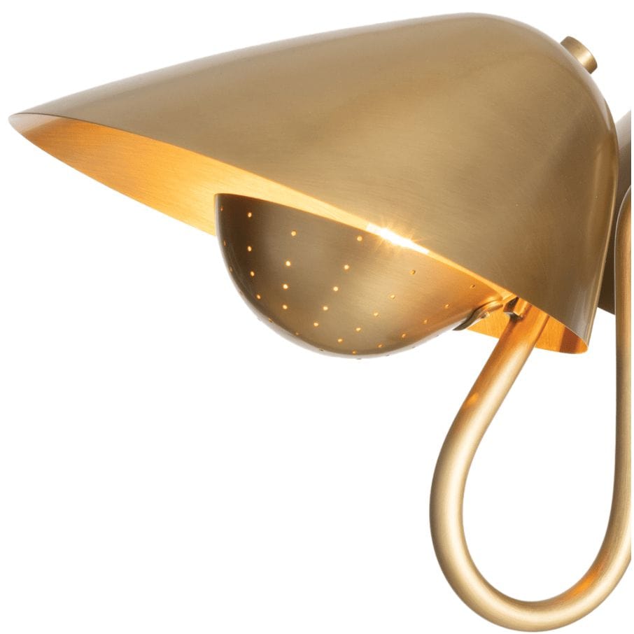 Keaton pendant light, close-up of the retro brass perforated metal diffuser and curved arm.
