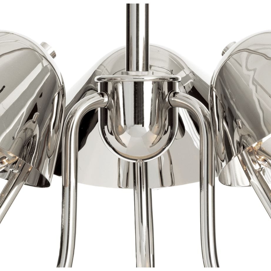 Keaton pendant light, polished nickel, retro-style, perforated metal diffuser, close-up of three candelabra bulbs.