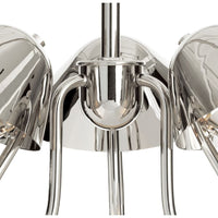 Keaton pendant light, polished nickel, retro-style, perforated metal diffuser, close-up of three candelabra bulbs.