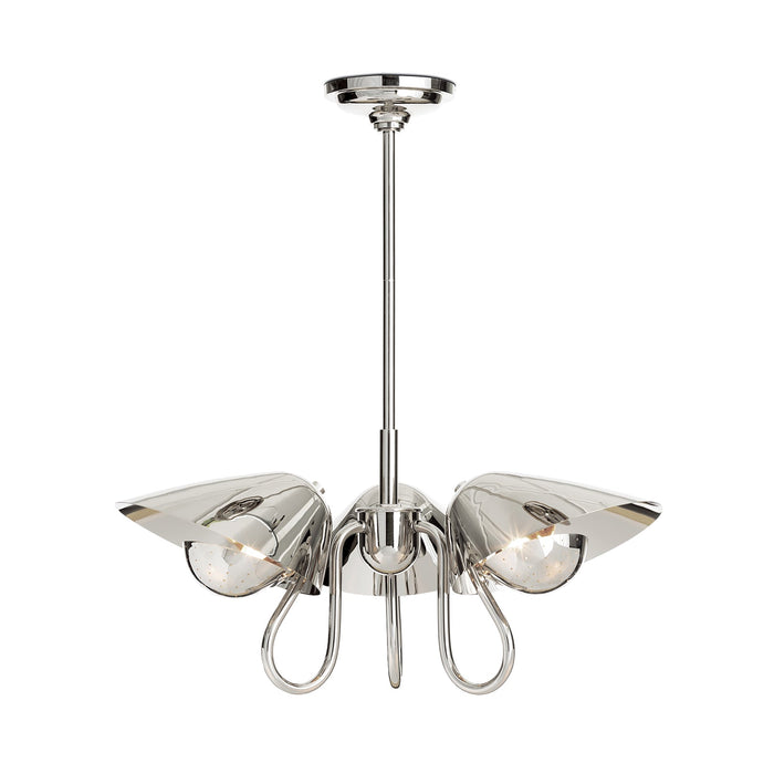 Keaton Pendant Light with three polished nickel perforated metal diffusers and clear glass bulbs.