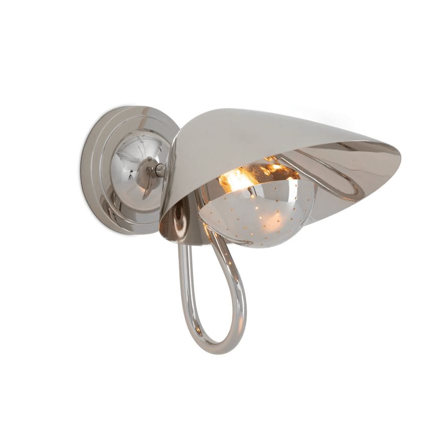 Keaton Single Sconce: Polished nickel wall light with retro-style shade and perforated glass diffuser.