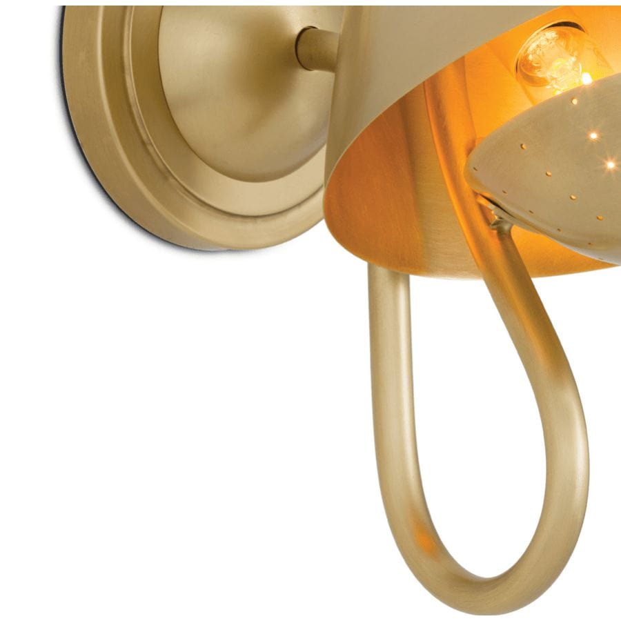 Keaton Single Sconce, a retro-style brass wall light with a perforated metal diffuser and warm glow.